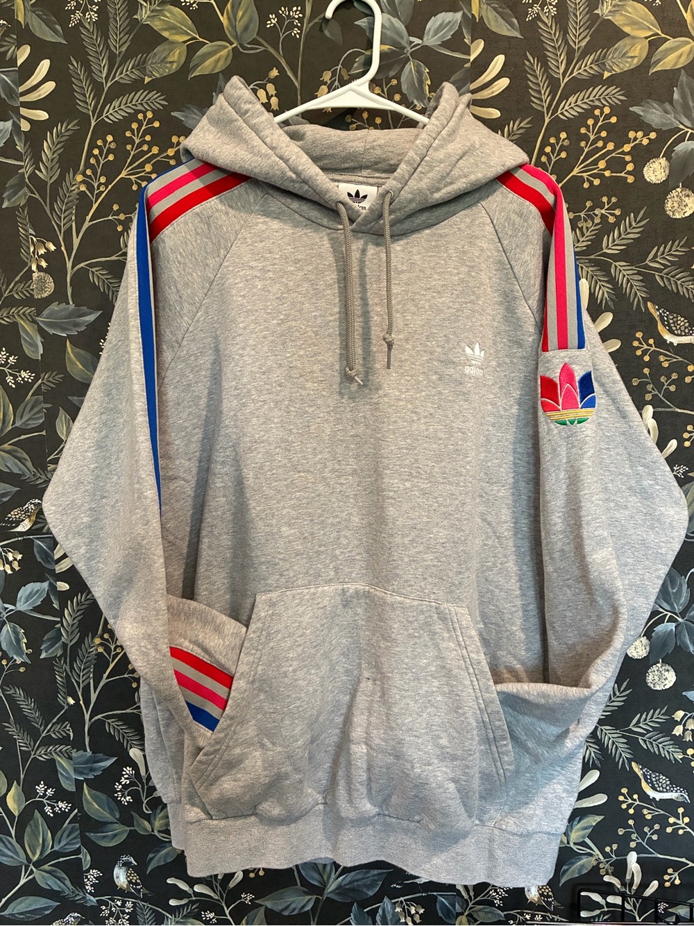 Vintage adidas Gray Hoodie with Red & Blue Stripe Accents